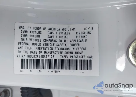 2016 Honda Accord Ex from USA, damaged, VIN 1HGCR2F71GA171221